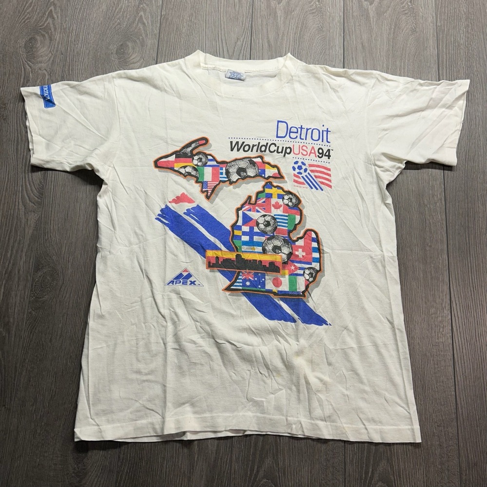 Vintage Apex One World Cup USA 94 Detroit Michigan T-Shirt White Mens Large